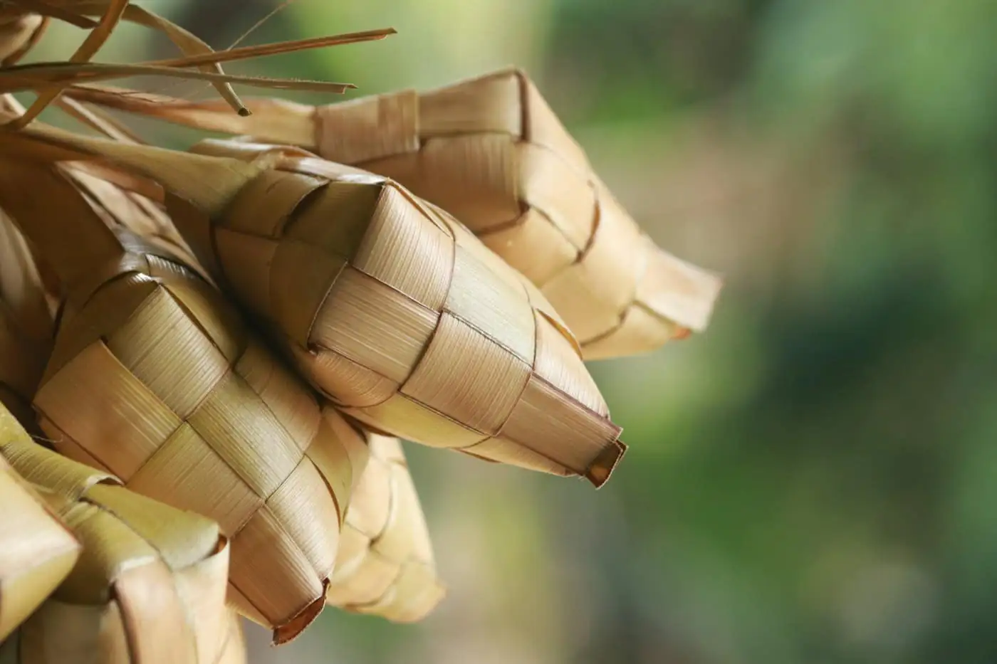 Close-up of woven palm-leaf ketupat in warm light against a soft green background